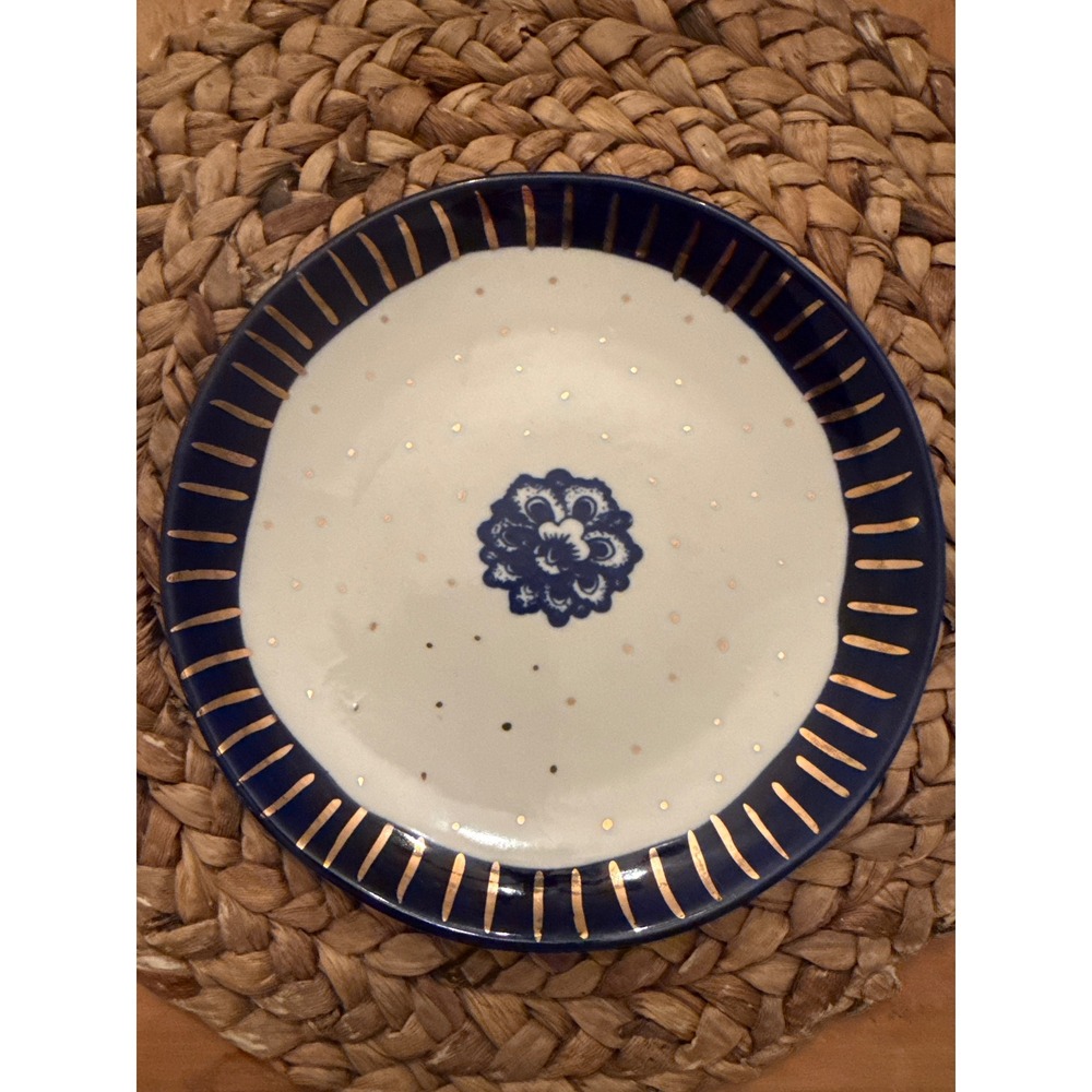 Carla Dinnage Handmade Ceramic Plate Blue Gold Luster Floral Polka Dot Stripe